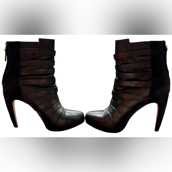 SAM EDELMAN Kendrix Suede/Leather Buckle & Strap Banana Heel Booties Black 9.5 - Picture 5 of 11